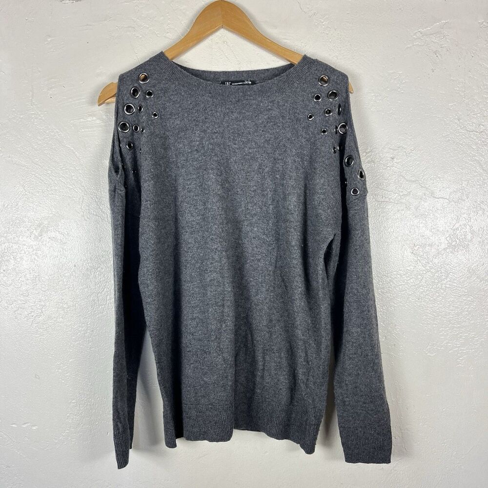 INC Cashmere Silk Wool Gray Cold Shoulder Grommet Knit Sweater Women’s L - Picture 3 of 16
